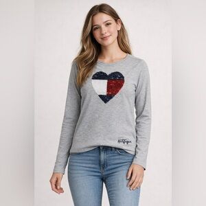 Tommy Hilfiger Girls XL Gray Sequin Heart Long Sleeve Tee Cotton